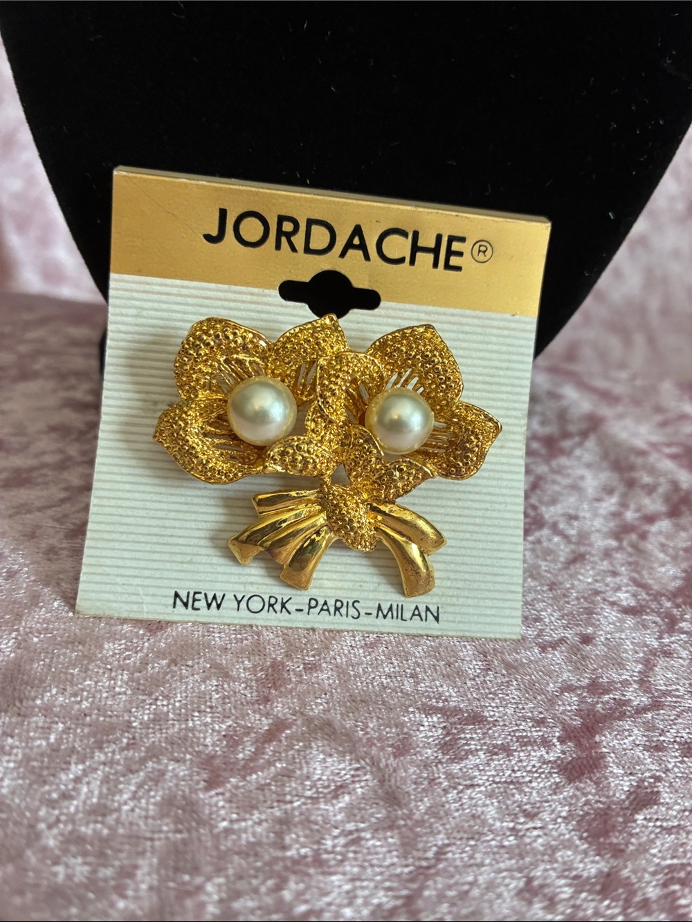 Jordache Gold-Tone Floral Bow Brooch with Pearl Centers